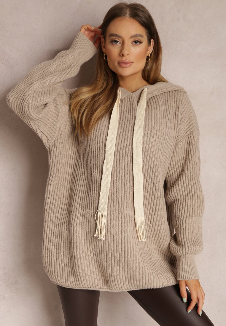 Ciemnobeżowy Sweter Oversize z Kapturem Ukuroa