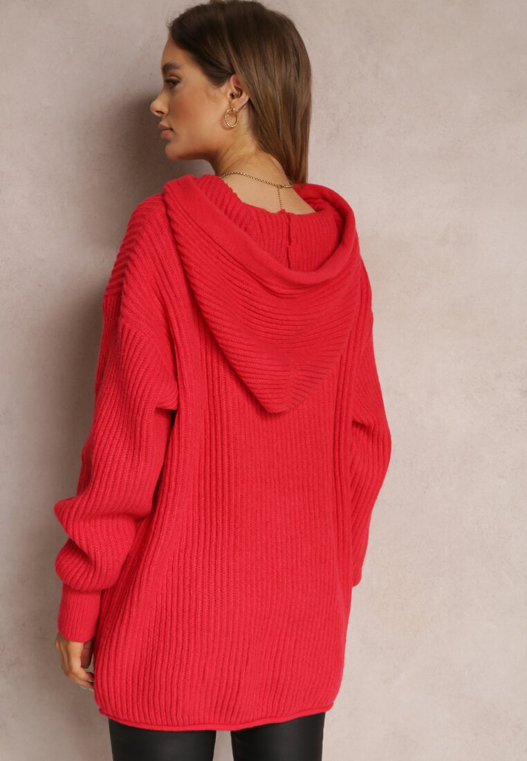 Czerwony Sweter Oversize z Kapturem Ukuroa
