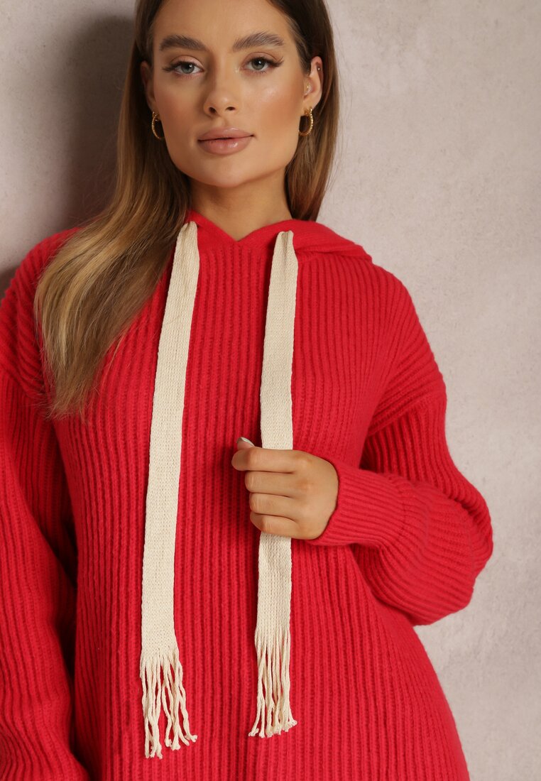Czerwony Sweter Oversize z Kapturem Ukuroa