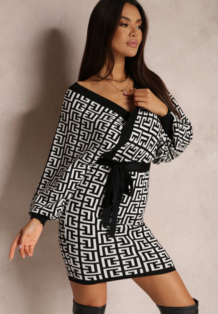 Biała Sukienka Kopertowa Sweterkowa z Wiązanym Paskiem Naja