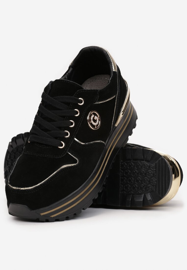 Czarne Sneakersy na Grubej Podeszwie z Wkładką ze Skóry Naturalnej Rilka