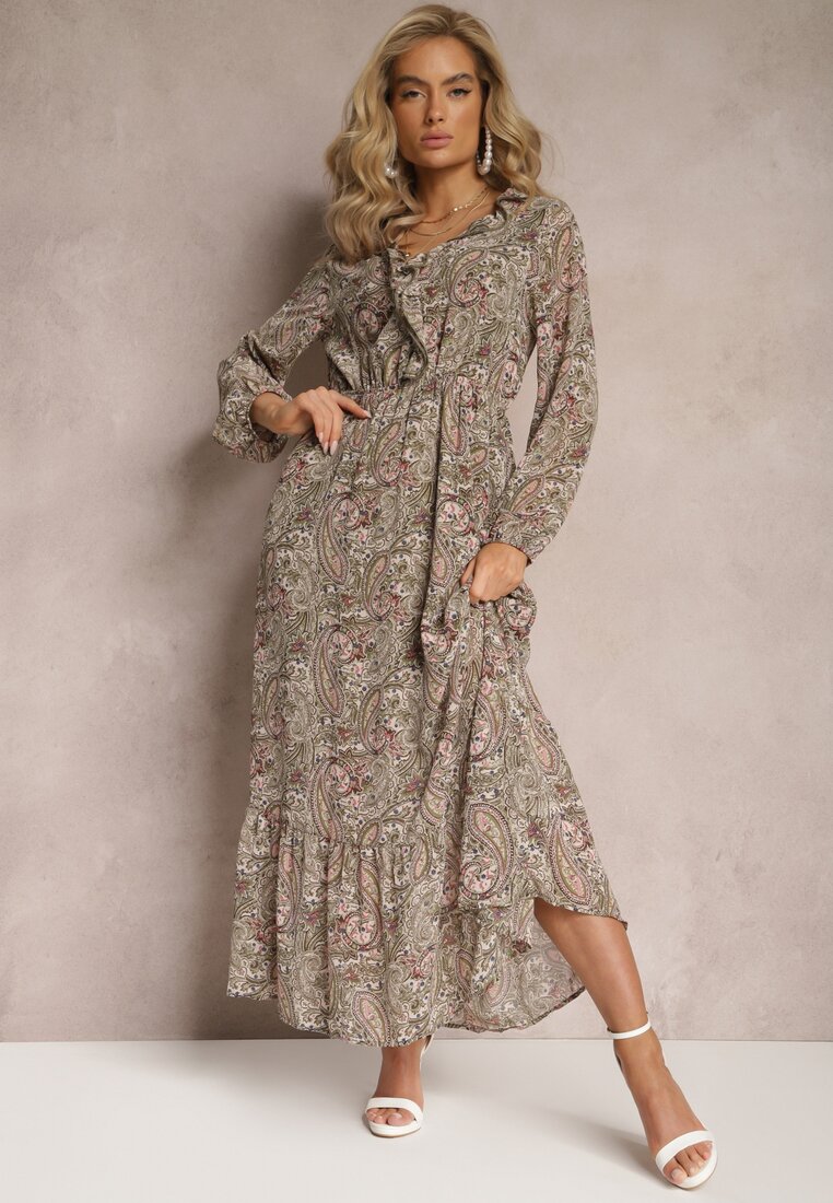Rochie verde deschis cu volan la decolteu în model ornamental Mana