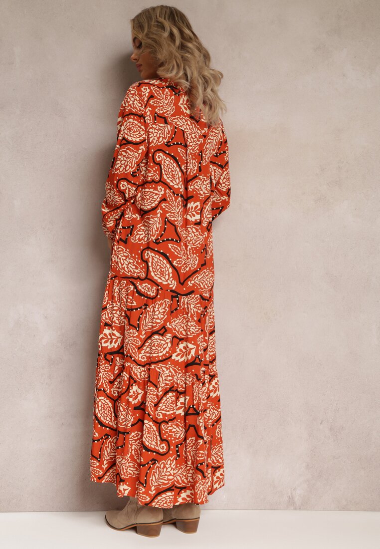 Pomarańczowa Sukienka Koszulowa w Kwiaty Kolni