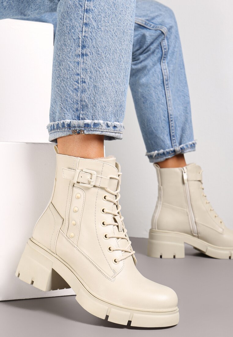 Beżowe Botki Workery na Kwadratowym Obcasie z Klamerką Fella