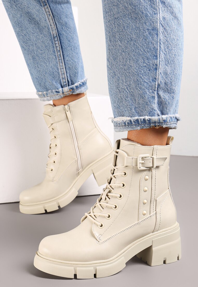 Beżowe Botki Workery na Kwadratowym Obcasie z Klamerką Fella