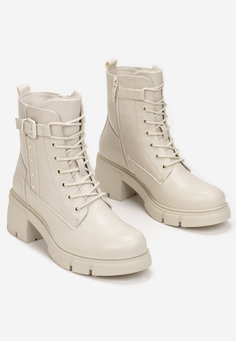 Beżowe Botki Workery na Kwadratowym Obcasie z Klamerką Fella