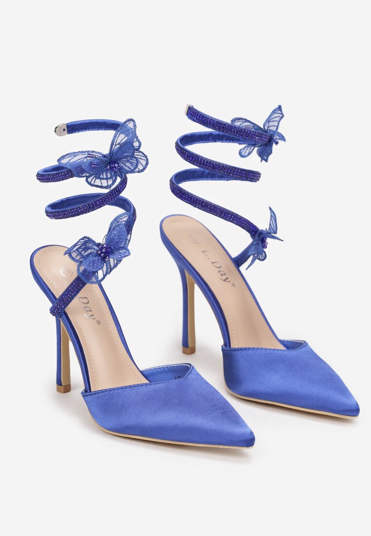 Niebieskie Sandały na Szpilce z Cyrkoniami i Motylkami Eevi