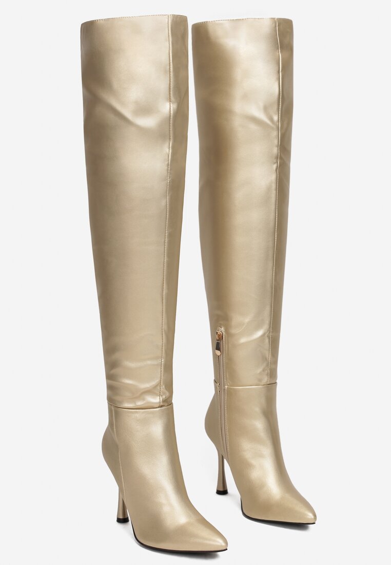 Złote Kozaki za Kolano na Szpilce Satu