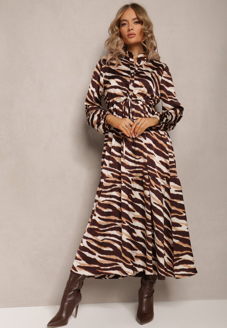 Brązowo-Beżowa Sukienka Rozkloszowana w Tygrysie Paski Cazoni