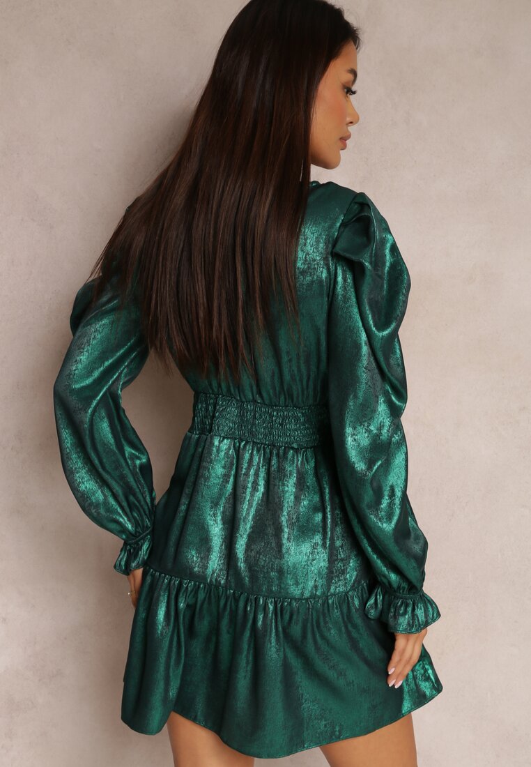 Zielona Sukienka Metaliczna z Bufiastym Rękawem Cany