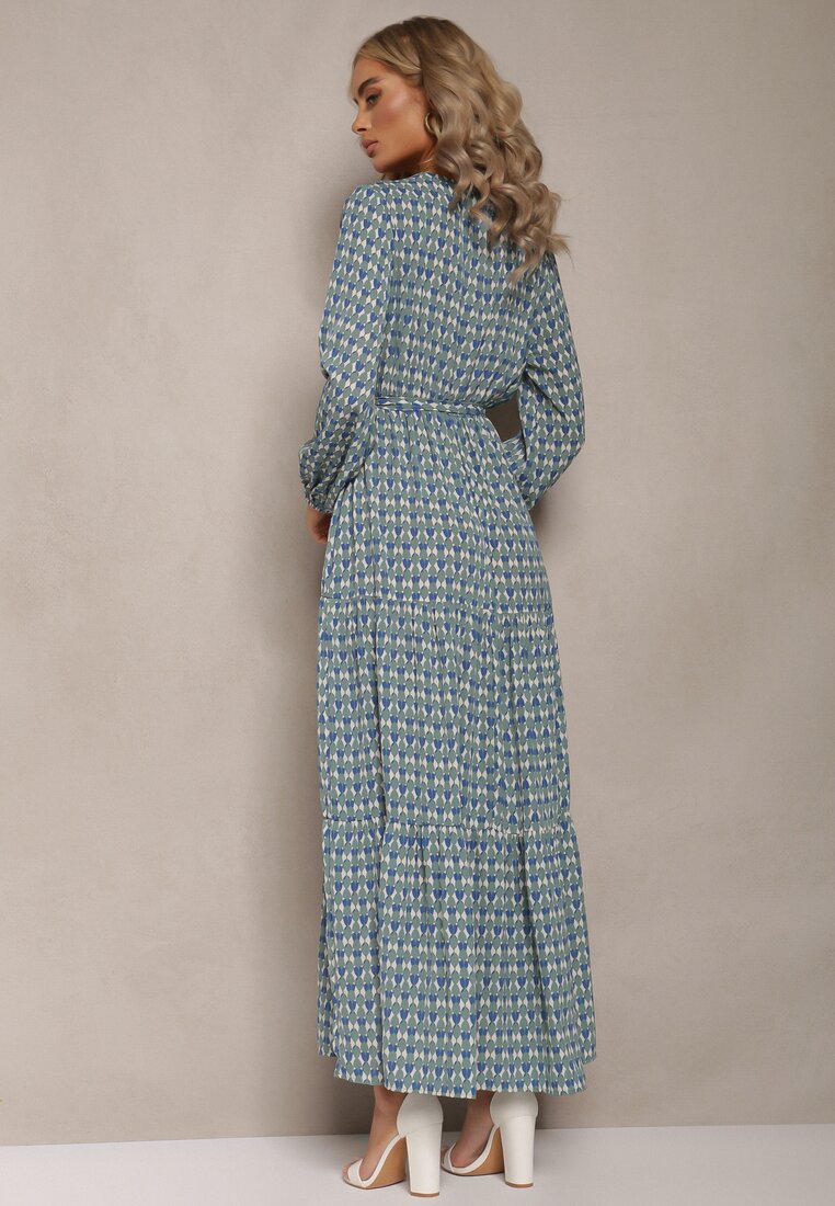 Miętowo-Niebieska Sukienka z Kopertowym Dekoltem i Falbaną na Dole Ive