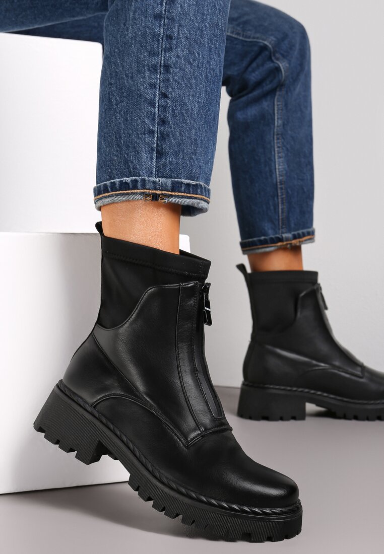 Czarne Botki Workery z Suwakiem z Przodu Zibire