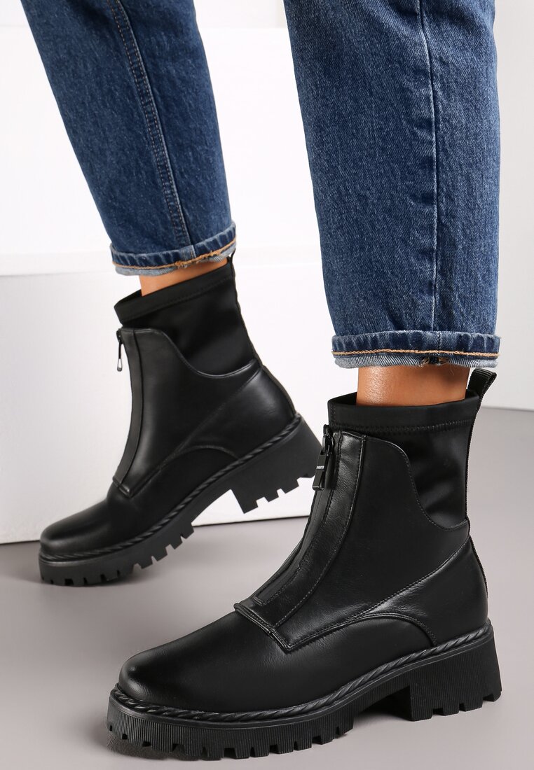 Czarne Botki Workery z Suwakiem z Przodu Zibire