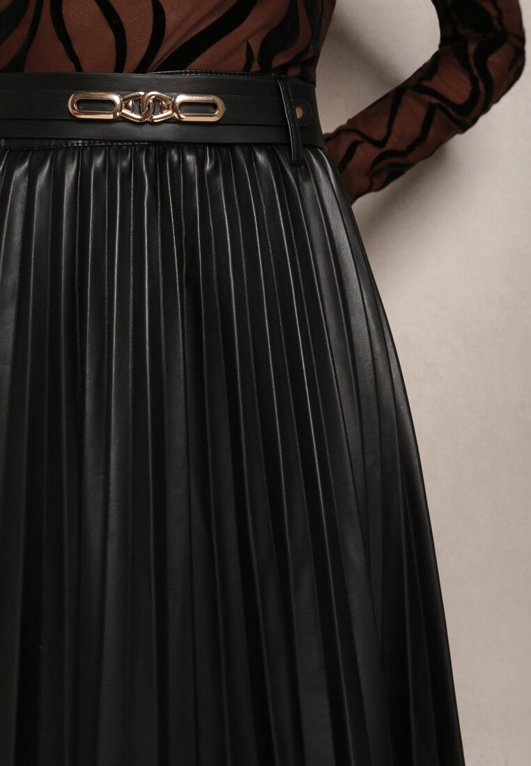 Czarna Spódnica Plisowana z Imitacji Skóry Fayahe