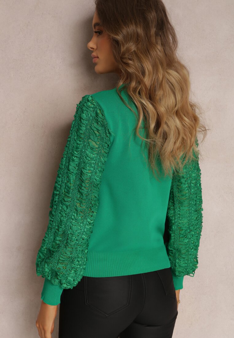 Zielony Sweter z Bufiastym Ażurowym Rękawem Fenavy