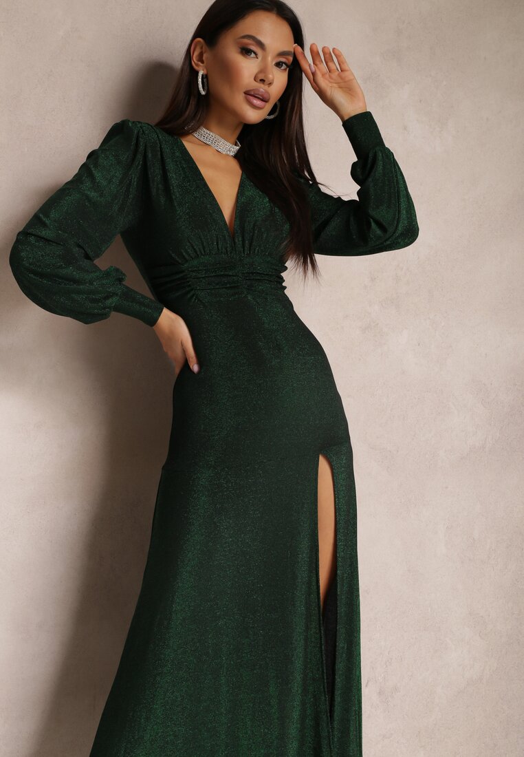 Zielona Sukienka Wieczorowa z Głębokim Dekoltem Phaly