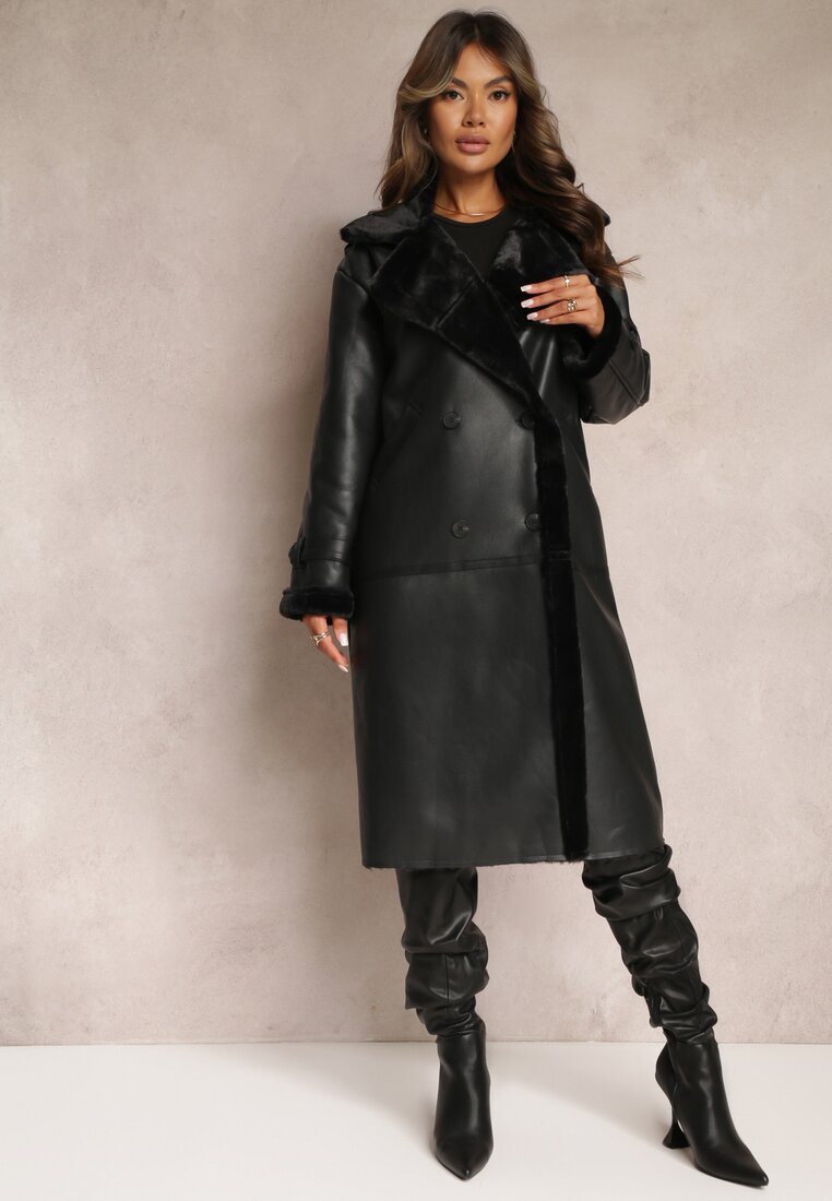 Czarny Dwurzędowy Płaszcz Oversize z Imitacji Skóry i Futerkiem Vess