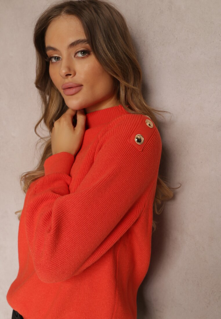 Pomarańczowy Sweter Dzianinowy z Długim Rękawem i Guzikami Kithi