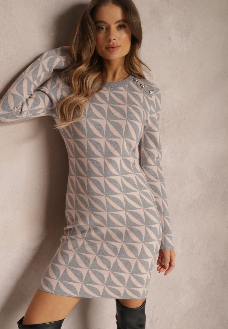 Rochie roz deschis din tricot cu model geometric Chlaria