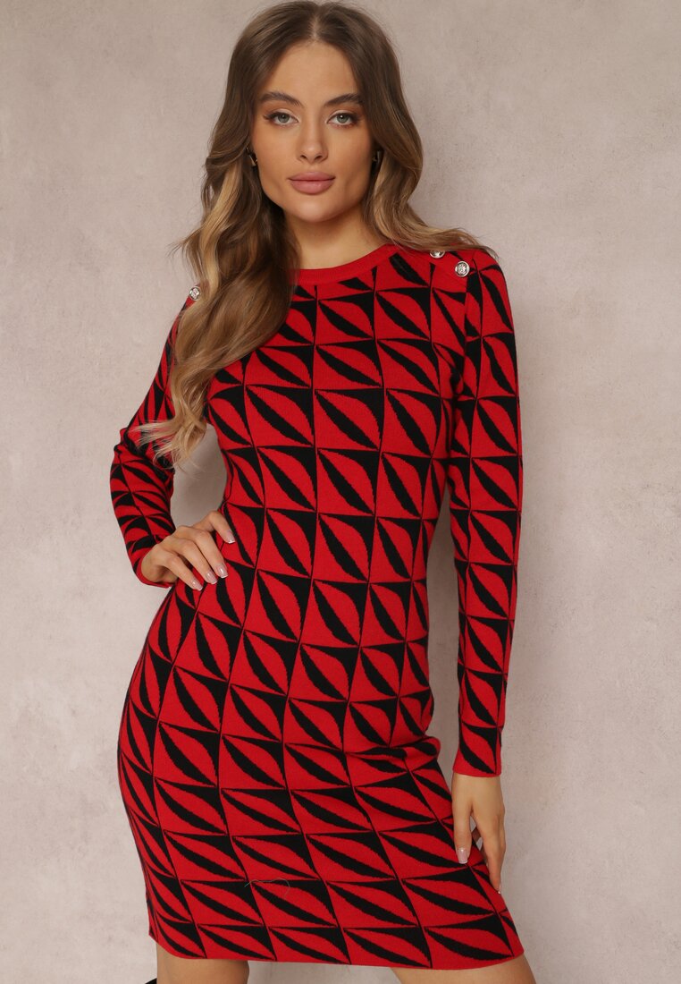 Czerwona Sukienka Dzianinowa w Geometryczny Wzór Chlaria