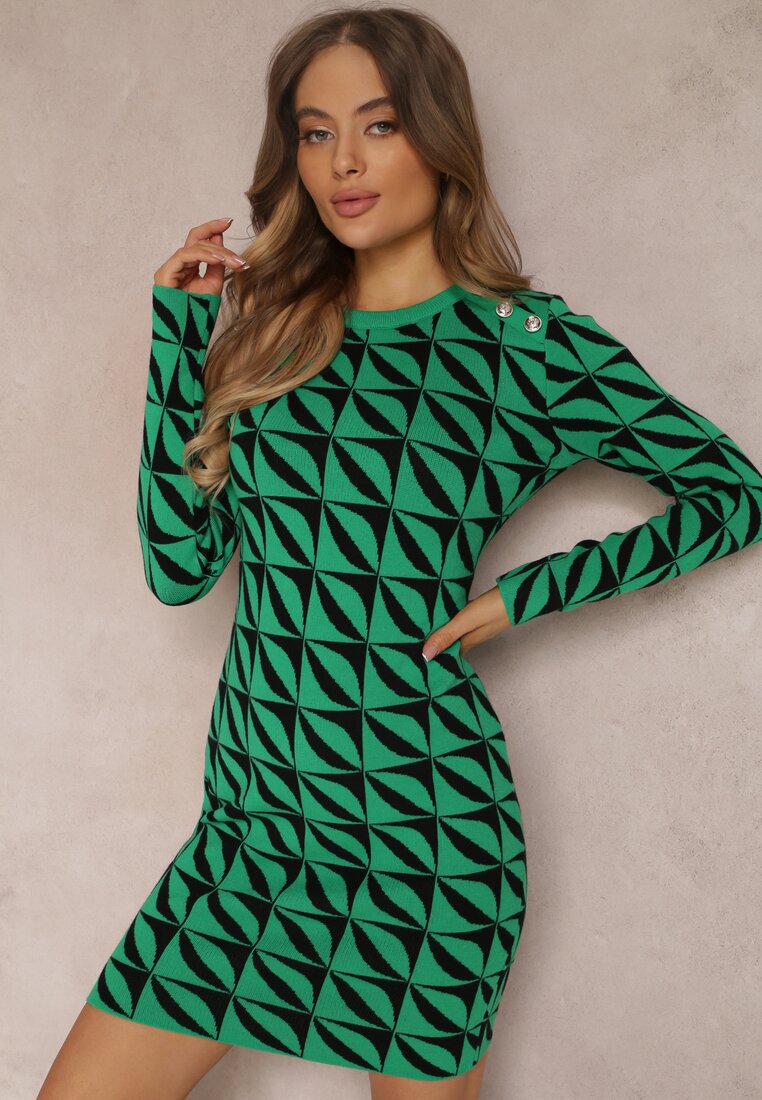 Zielona Sukienka Dzianinowa w Geometryczny Wzór Chlaria