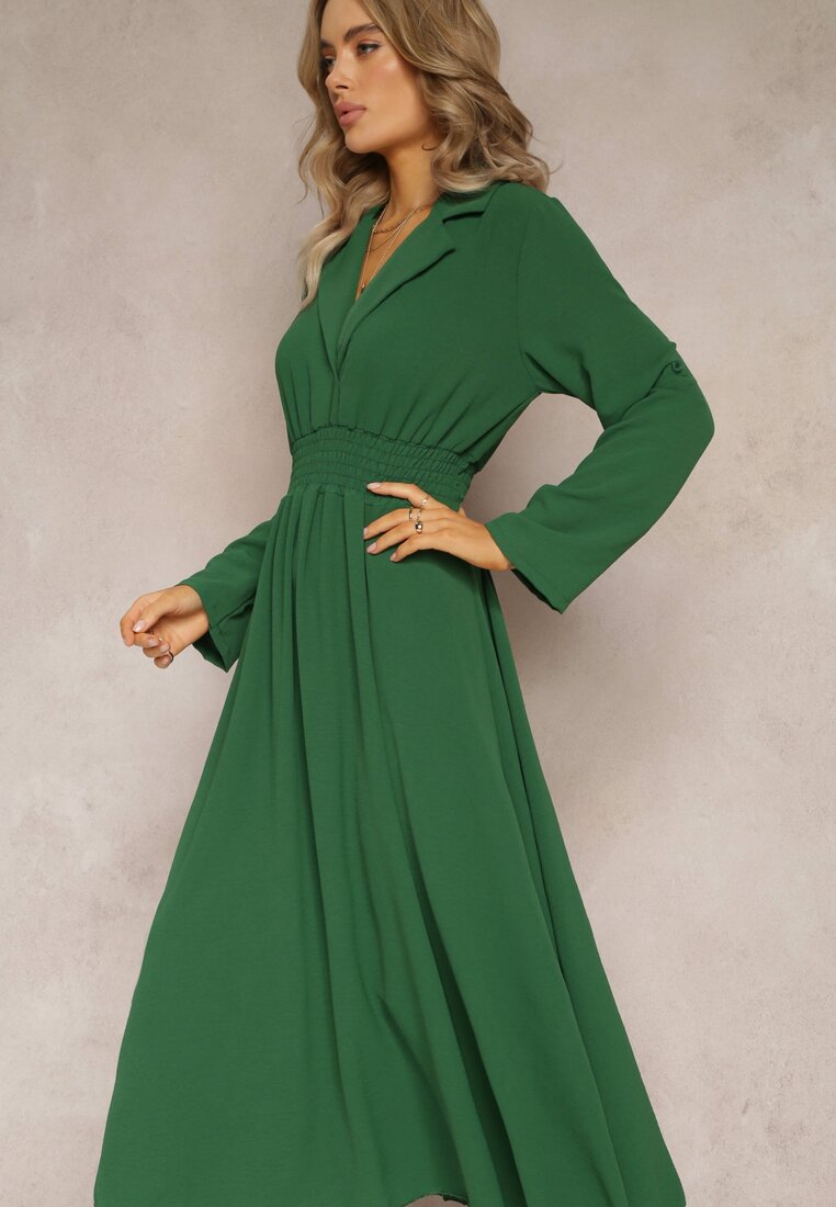 Zielona Sukienka z Kołnierzykiem i Marszczoną Gumką w Talii Niso