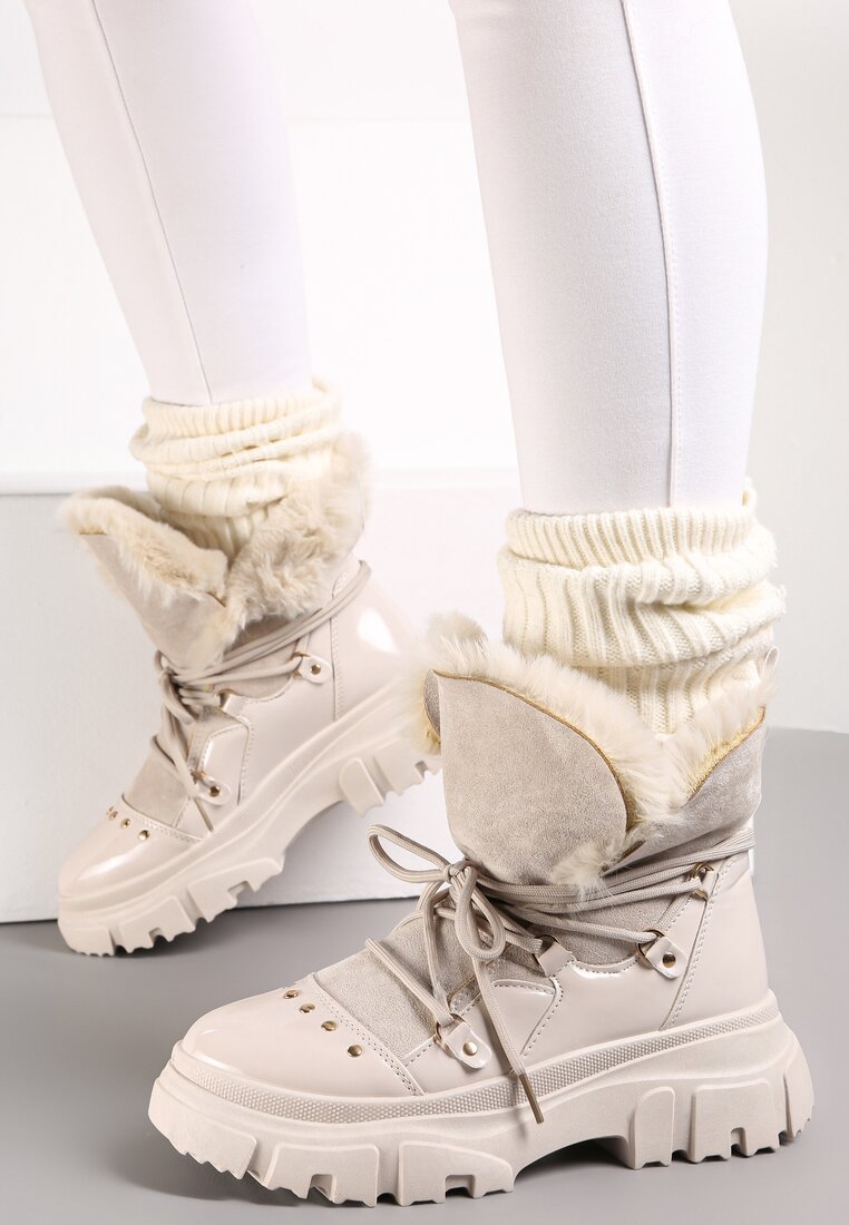 Beżowe Śniegowce Sznurowane z Futerkiem Vodhi