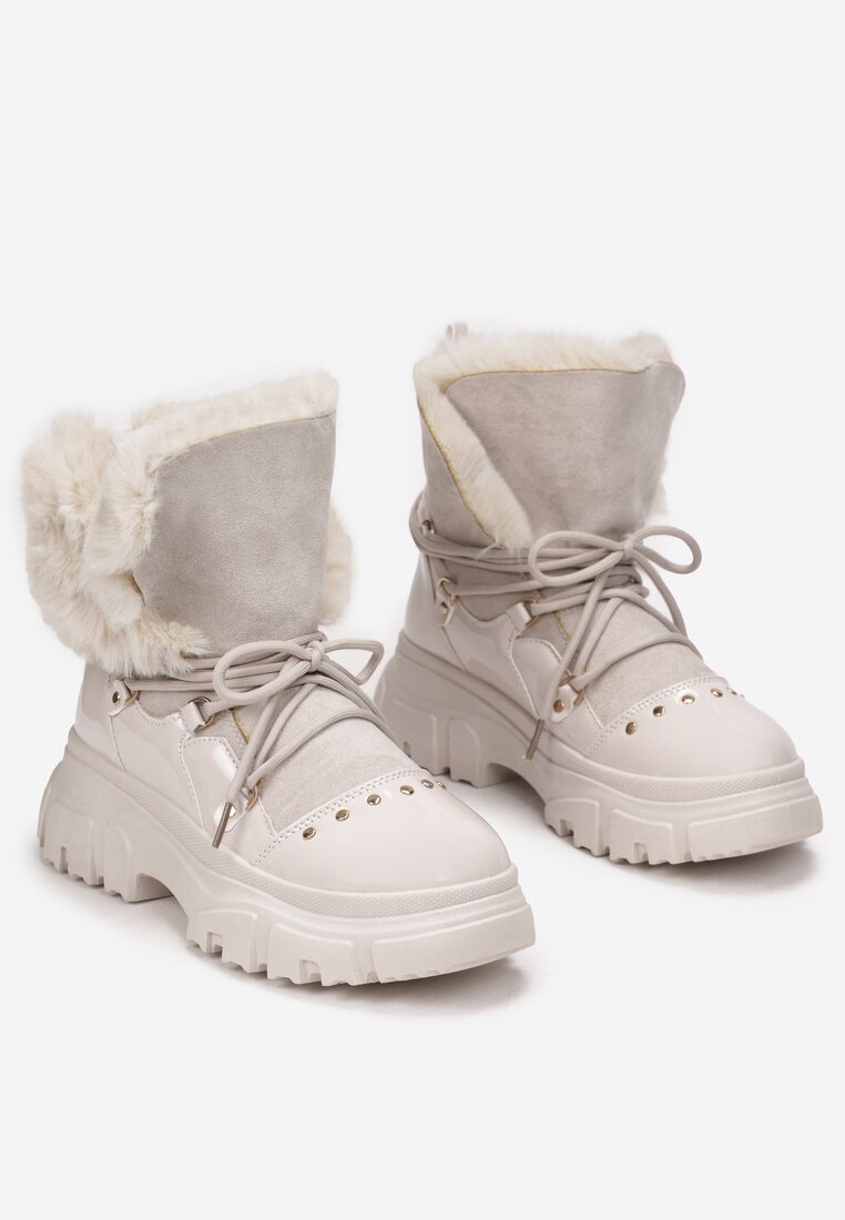 Beżowe Śniegowce Sznurowane z Futerkiem Vodhi