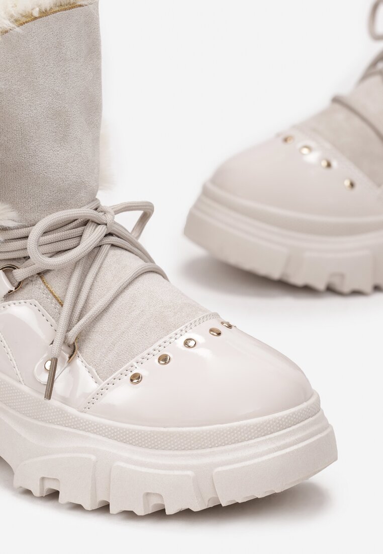 Beżowe Śniegowce Sznurowane z Futerkiem Vodhi