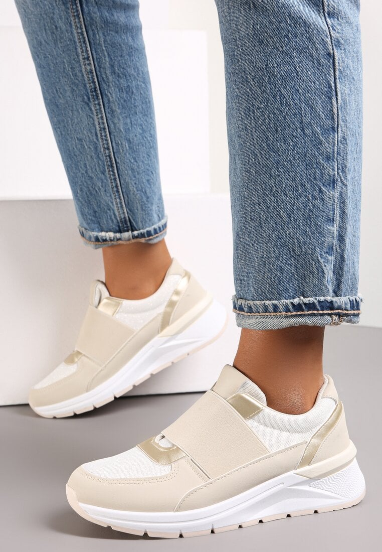 Beżowe Metaliczne Sneakersy Wsuwane z Elastycznym Paskiem Zimada