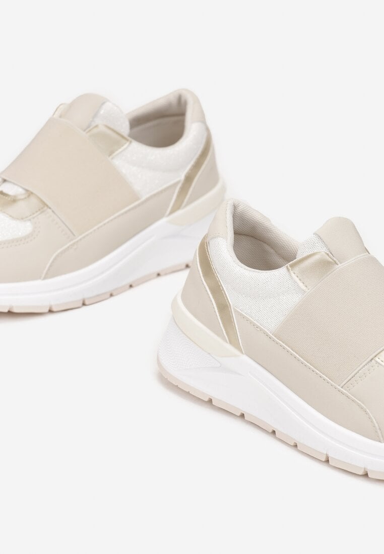 Beżowe Metaliczne Sneakersy Wsuwane z Elastycznym Paskiem Zimada