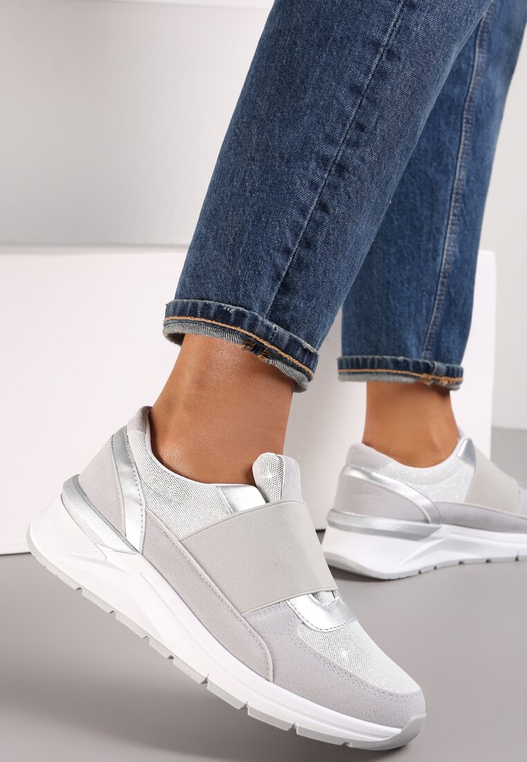 Szare Metaliczne Sneakersy Wsuwane z Elastycznym Paskiem Zimada