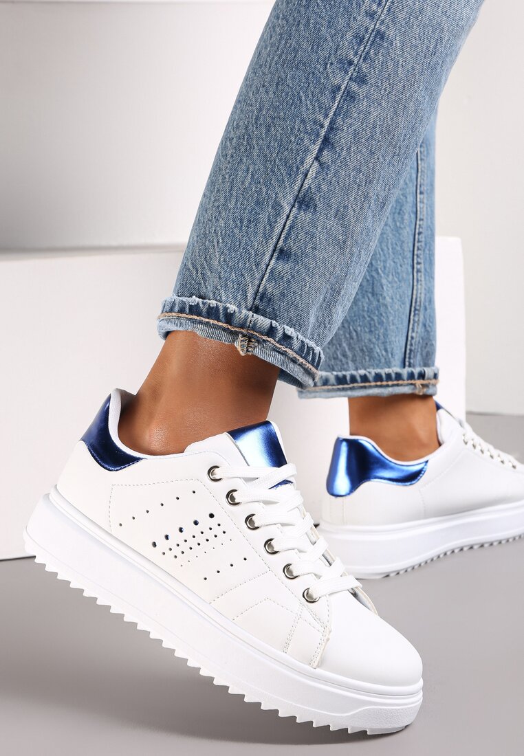 Biało-Niebieskie Sneakersy na Platformie z Metalicznymi Wstawkami Ladi