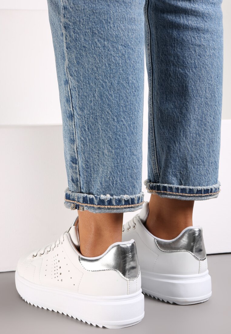 Biało-Srebrne Sneakersy na Platformie z Metalicznymi Wstawkami Ladi
