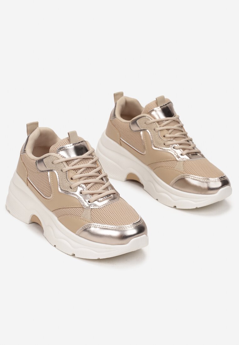 Ciemnobeżowe Sneakersy Sznurowane z Metalicznymi Wstawkami Gearis