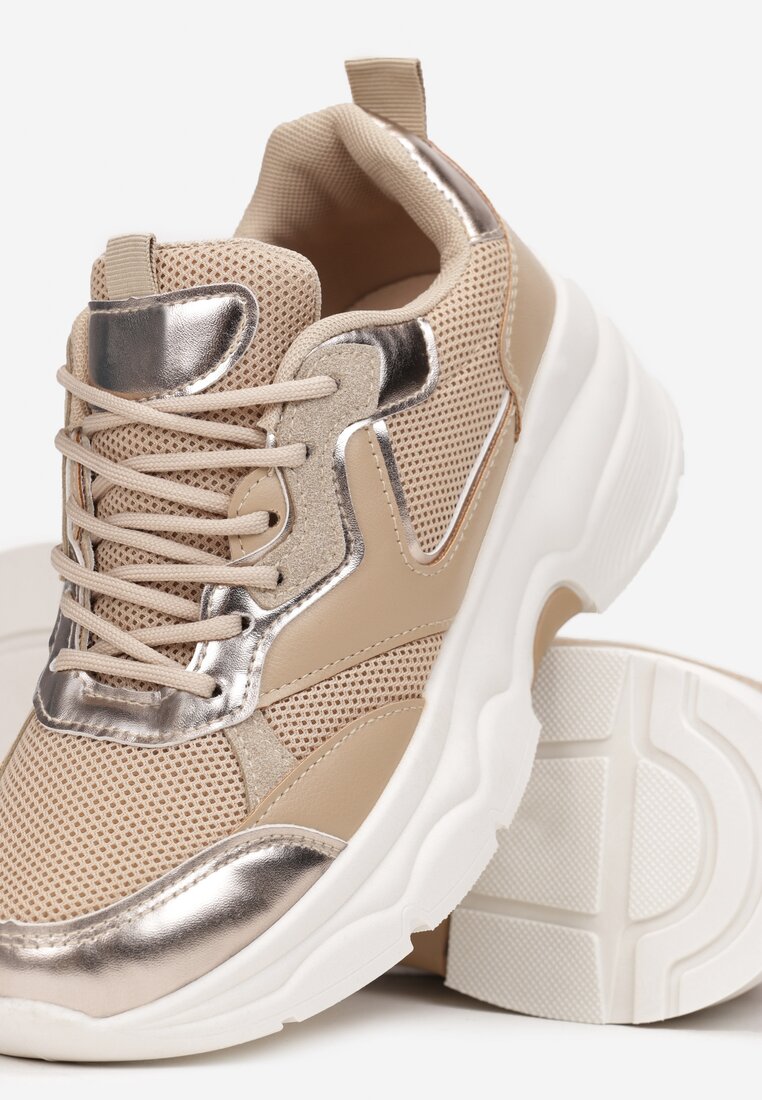 Ciemnobeżowe Sneakersy Sznurowane z Metalicznymi Wstawkami Gearis