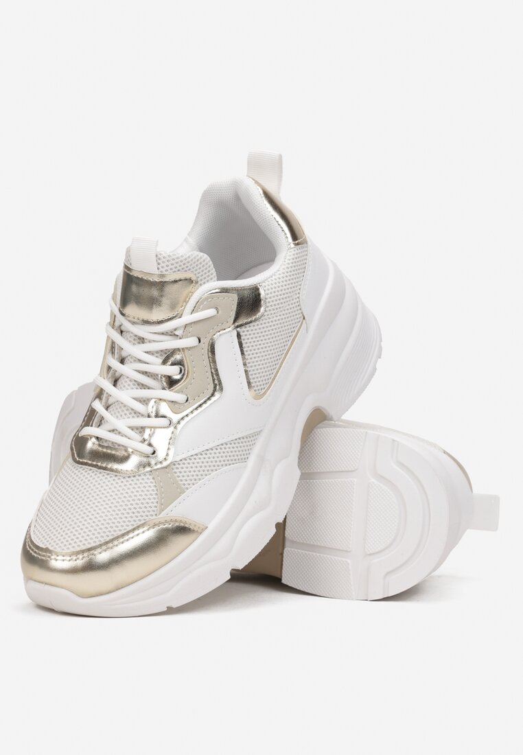 Biało-Złote Sneakersy Sznurowane z Metalicznymi Wstawkami Gearis
