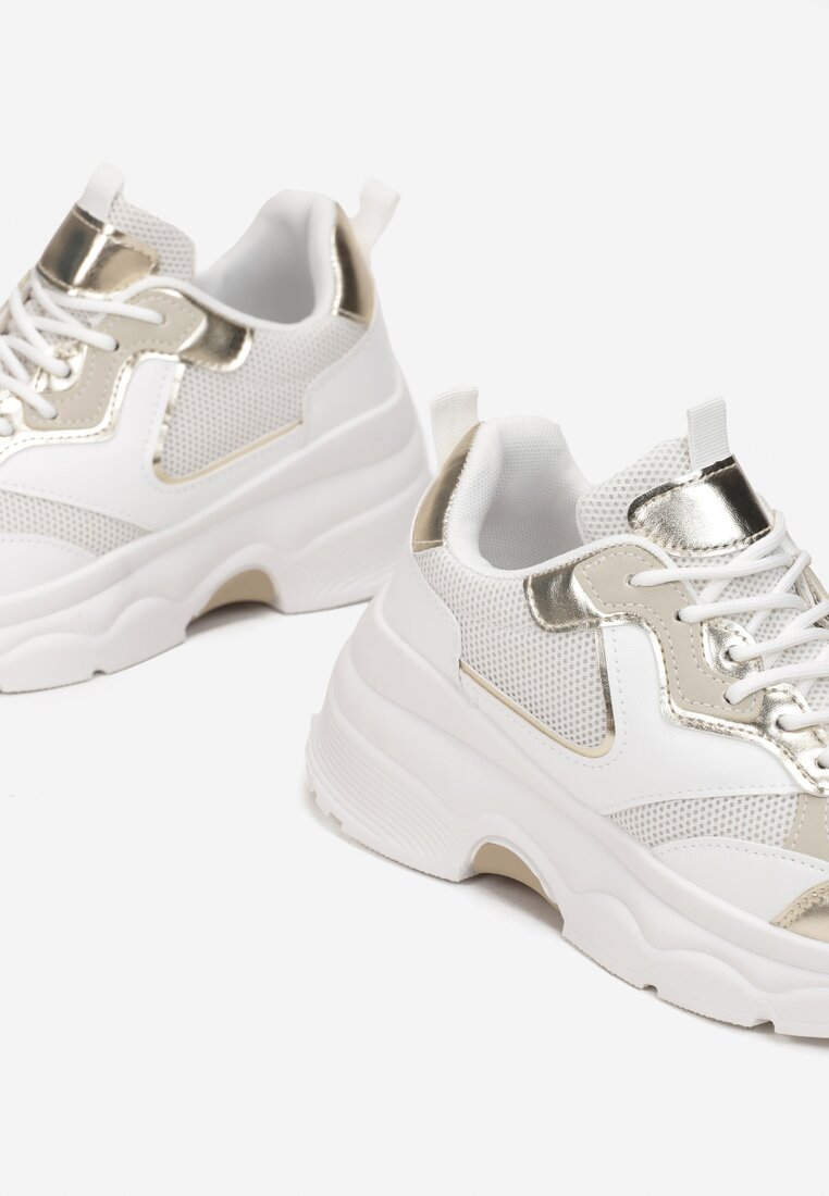 Biało-Złote Sneakersy Sznurowane z Metalicznymi Wstawkami Gearis