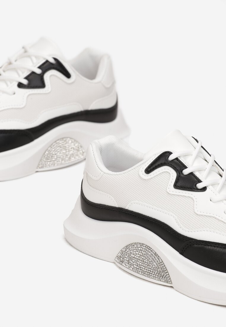 Biało-Czarne Sneakersy Przed Kostkę na Platformie Zdobionej Cyrkoniami Temam
