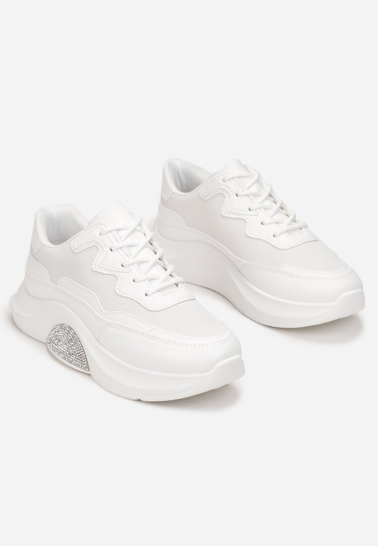Białe Sneakersy Przed Kostkę na Platformie Zdobionej Cyrkoniami Temam