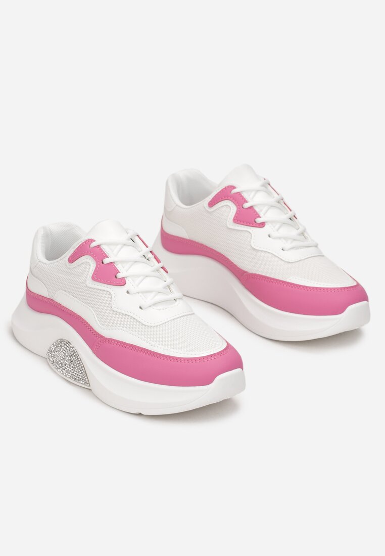 Biało-Różowe Sneakersy Przed Kostkę na Platformie Zdobionej Cyrkoniami Temam