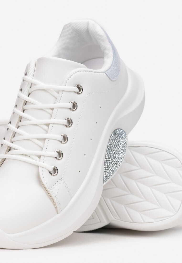Biało-Niebieskie Wiązane Sneakersy na Podeszwie z Cyrkoniami Sostre