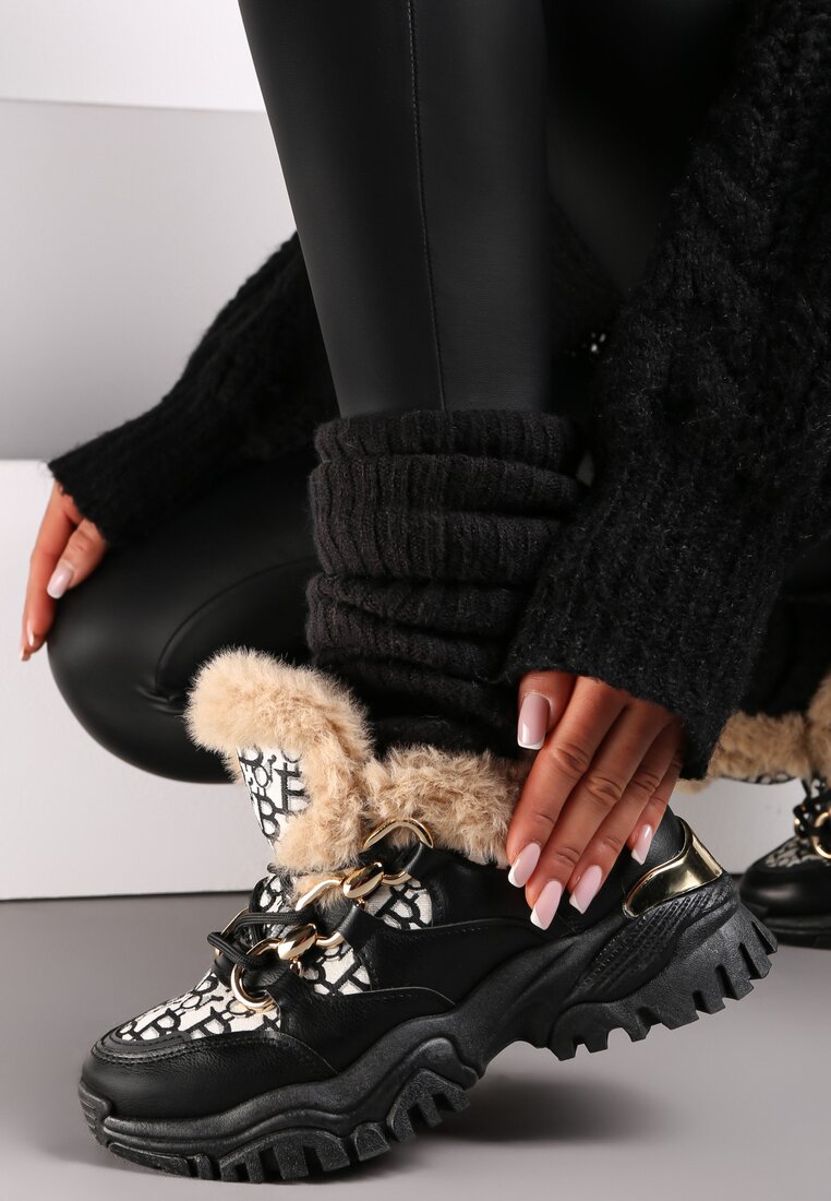 Czarne Sneakersy Sznurowane z Futerkiem i Metalicznymi Wstawkami Saffrin