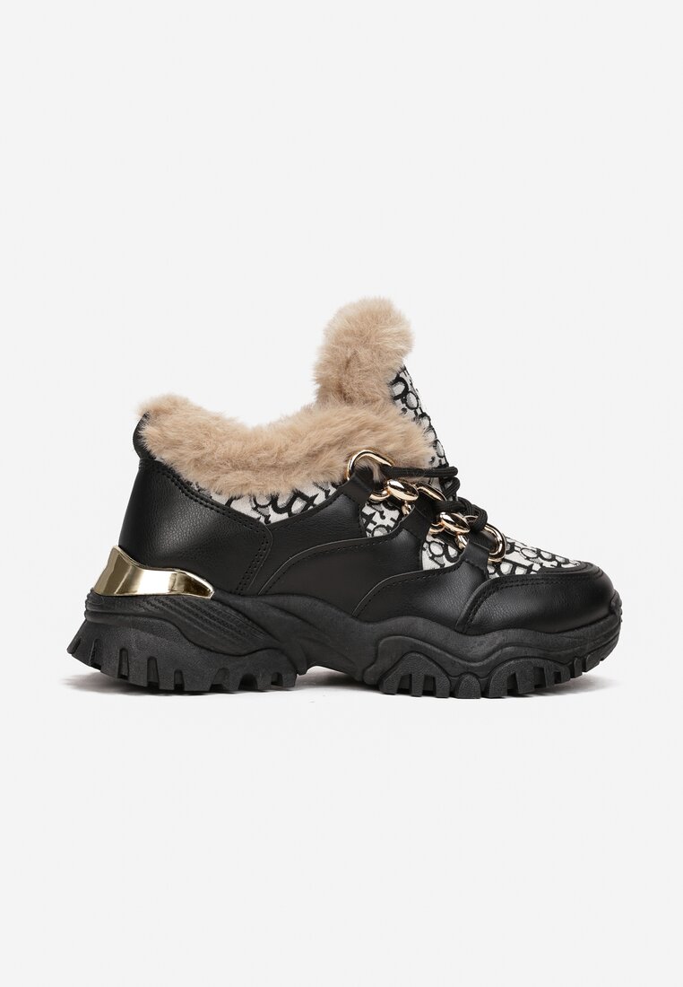 Czarne Sneakersy Sznurowane z Futerkiem i Metalicznymi Wstawkami Saffrin