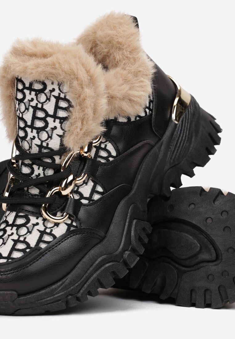 Czarne Sneakersy Sznurowane z Futerkiem i Metalicznymi Wstawkami Saffrin