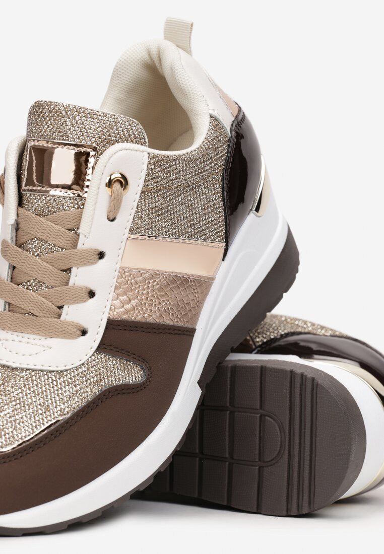 Szampańskie Sznurowane Sneakersy z Ozdobnymi Wstawkami i Koturnem Zharo