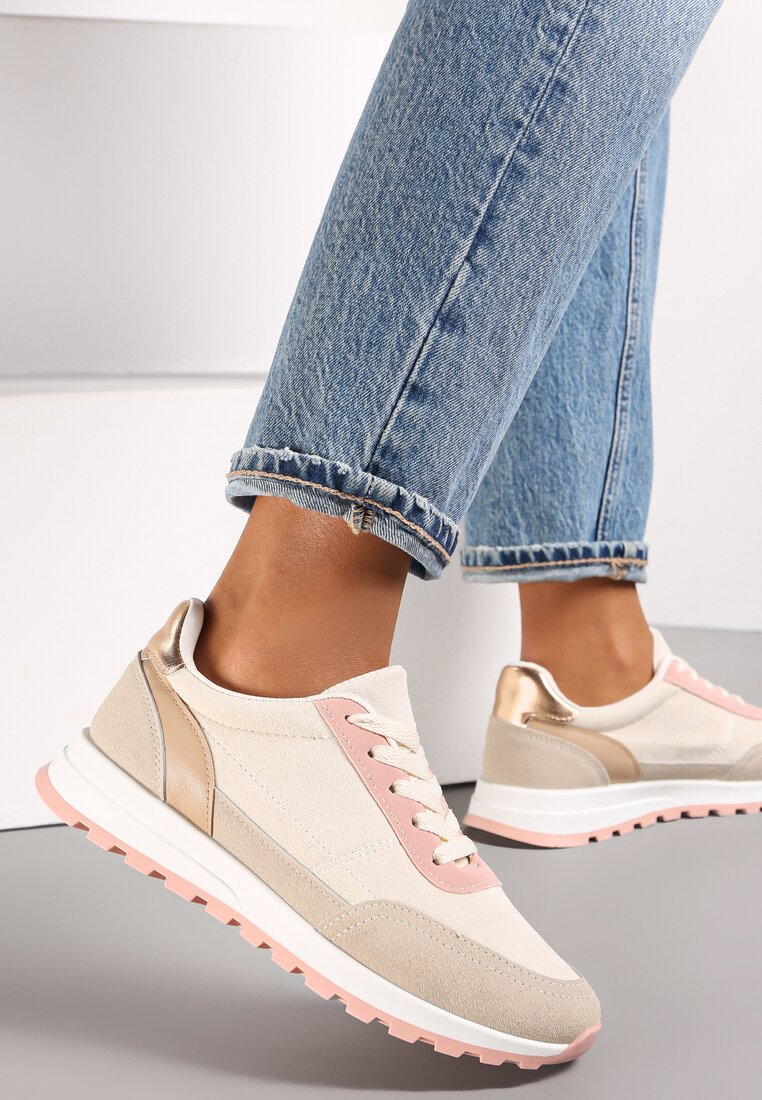 Beżowe Sznurowane Sneakersy przed Kostkę Kiea