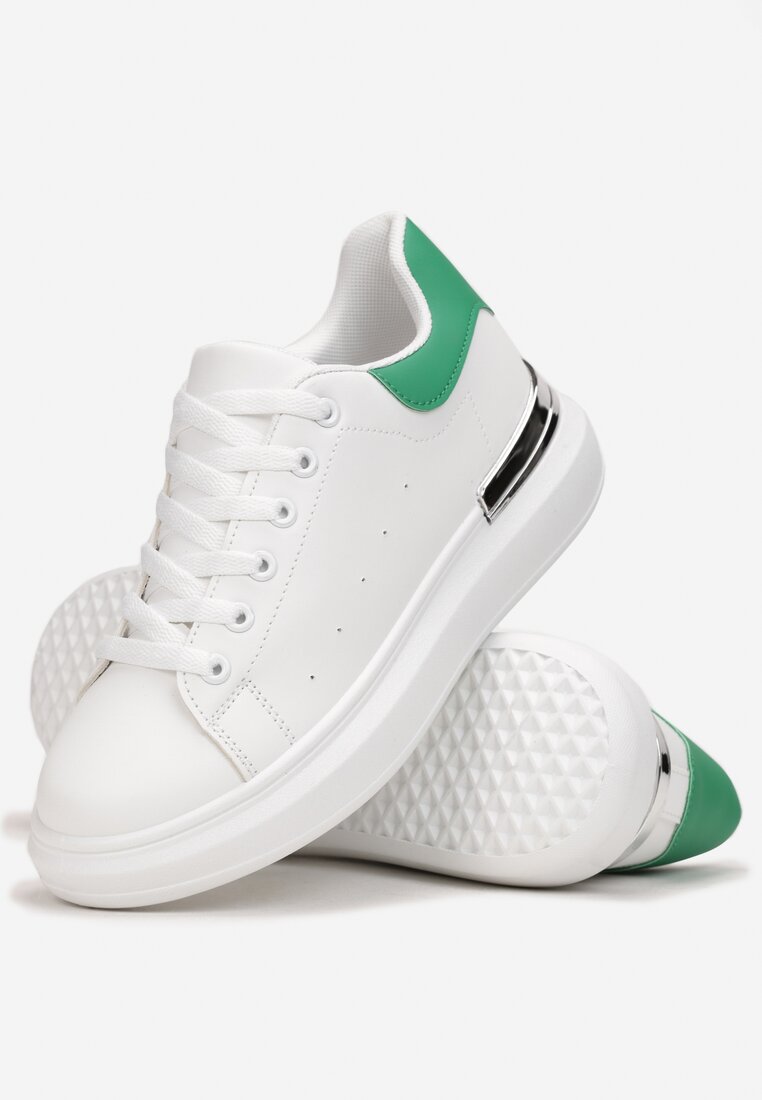 Biało-Zielone Wiązane Sneakersy na Grubej Podeszwie ze Wstawkami Tusso
