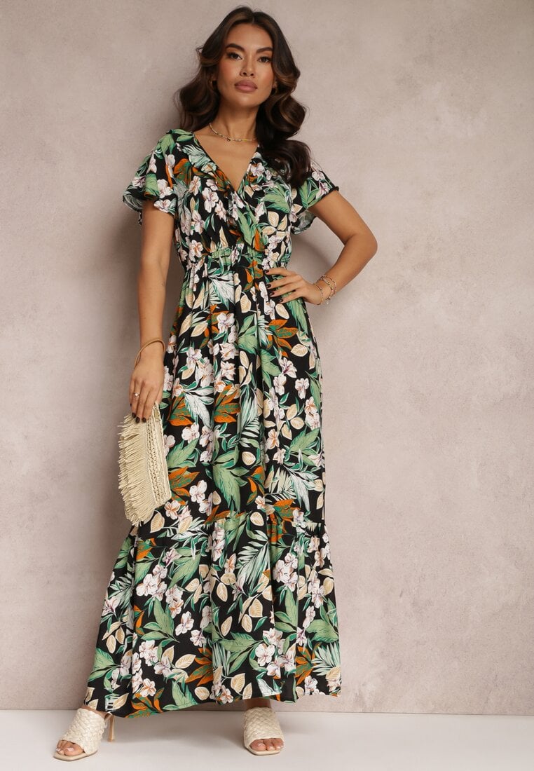 Rochie verde din viscoză maxi cu flori Mahiza