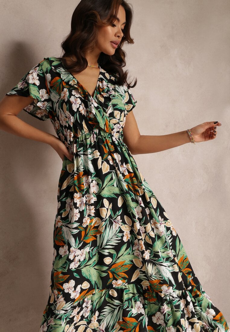 Rochie verde din viscoză maxi cu flori Mahiza